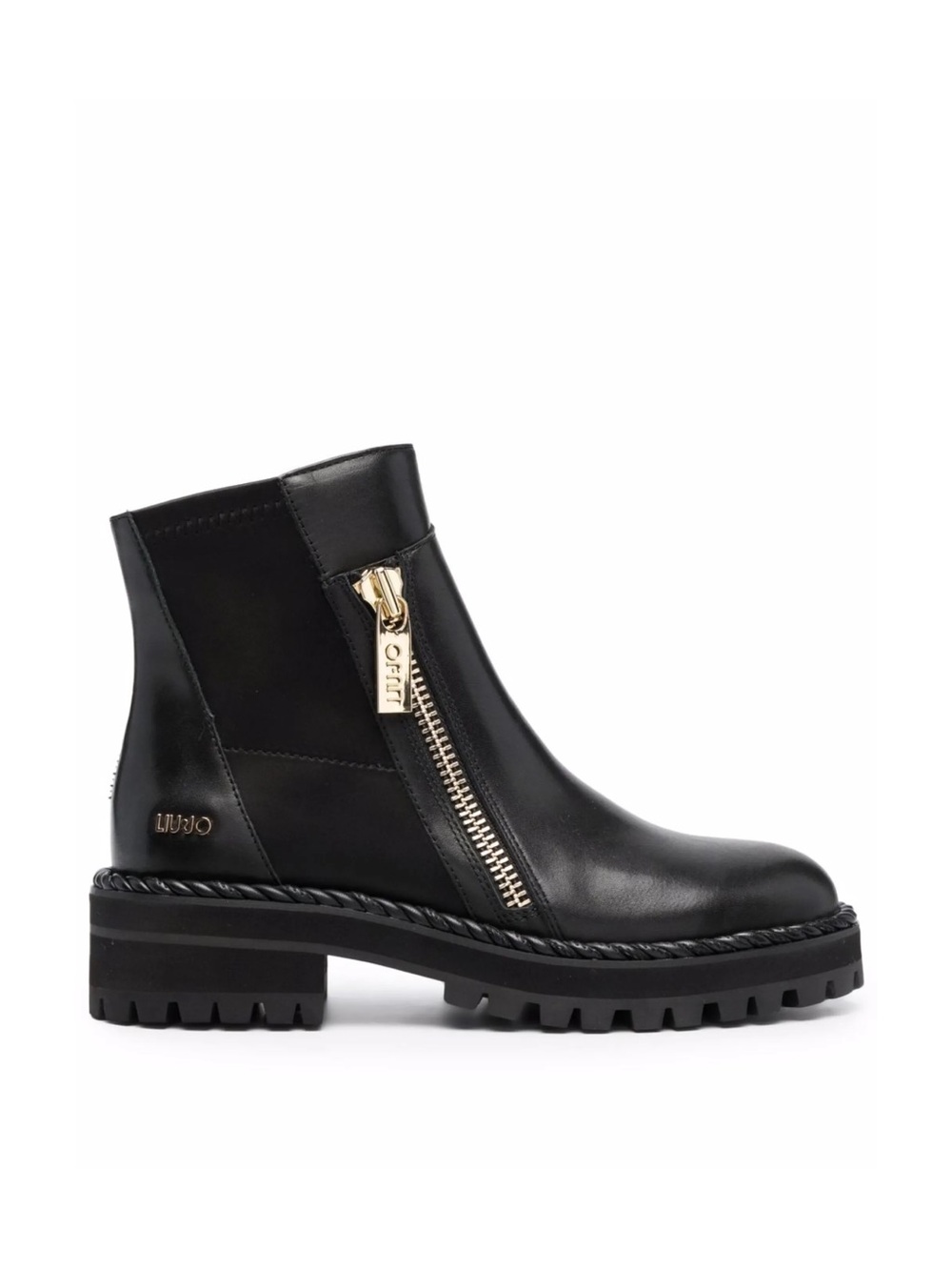 Liu Jo Black Leather Lug-Sole Ankle Boot with Gold Zip